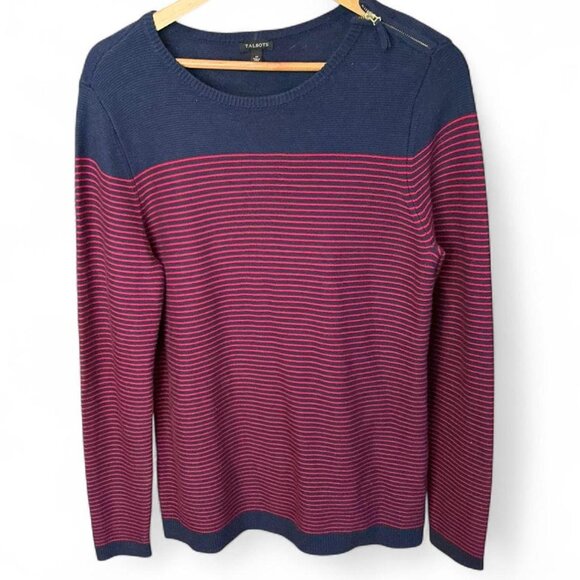 Talbots Nautical Sweater Striped Navy Red Gold Zipper Size M Cotton Cashmere - Picture 1 of 5